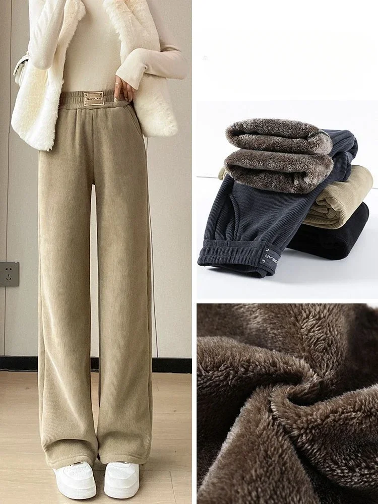 Pantalon à Jambes Larges en Peluche pour Femme, Extra Optique, Sourire d'Agneau, Chaud, Droit, Coréen, Jogging, Automne Hiver