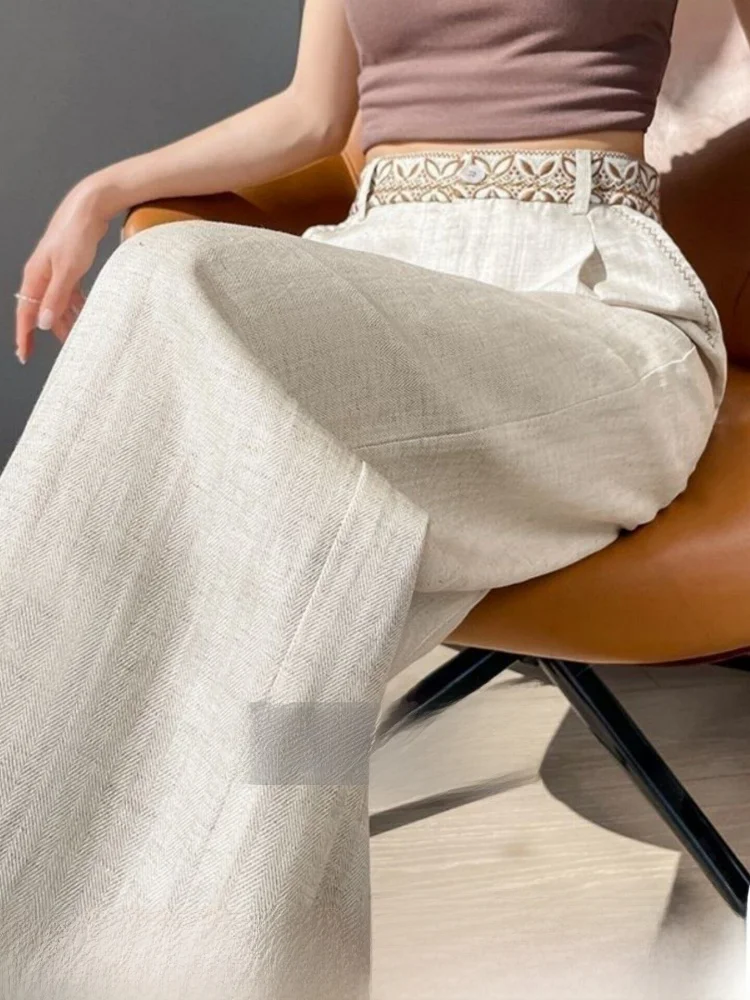 

Women's Thin Ice Silk Straight Leg Pants Breathable Cool Feeling Air Conditioning Trousers High Waist Pocket Detail Commute S...