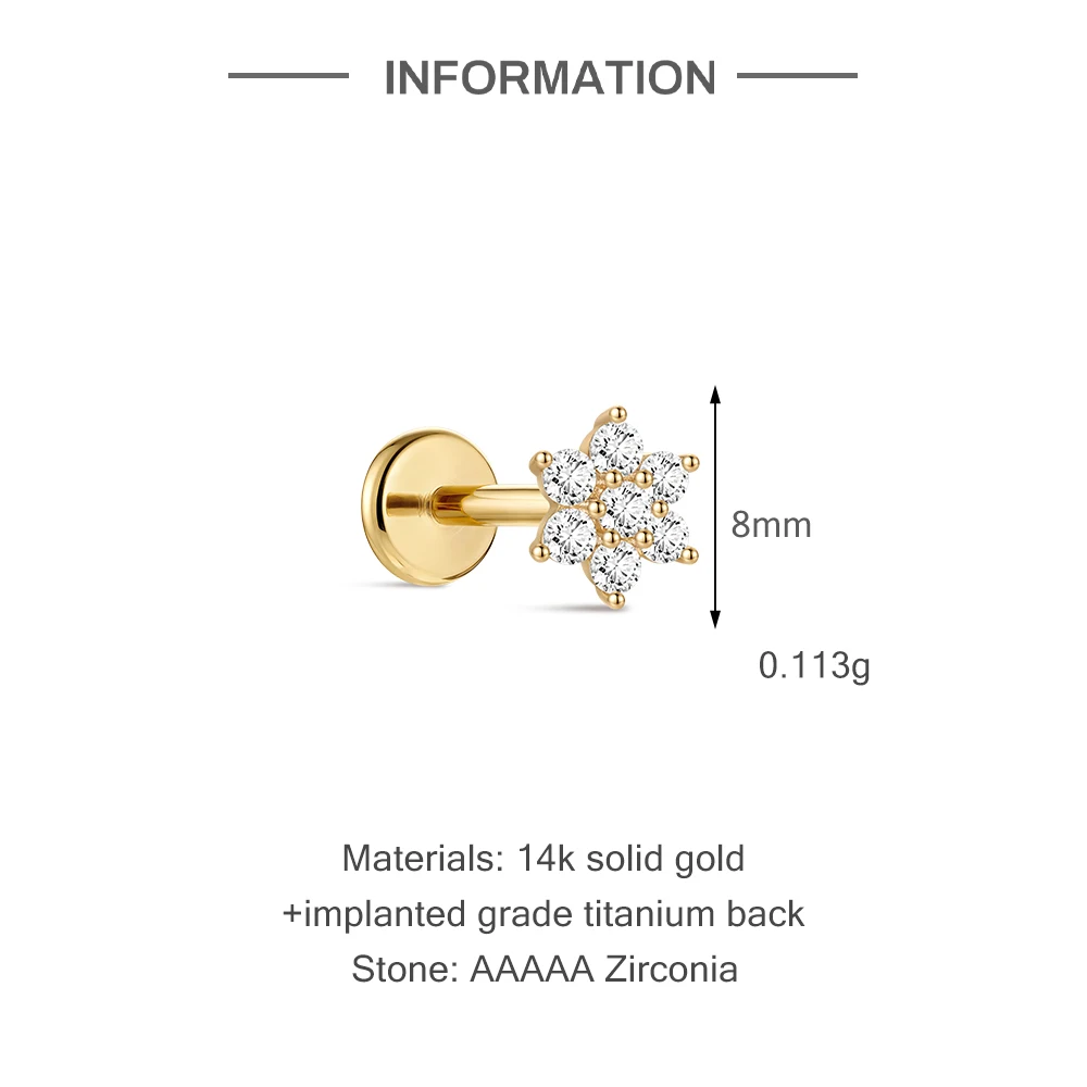 DIeSchein 14K Solid Gold Flat Back Single Stud Earring 5/6/8mm Post Length Tiny Piercing Hypoallergenic Minimalist Gold Earring