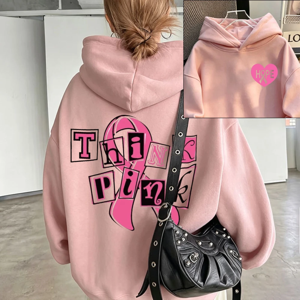 Think Pink Breast Cancer Awareness Hoodie Hope Heart Pink Ribbon Letter Graphic Front Back Pullover Casual Cancer Support Tops