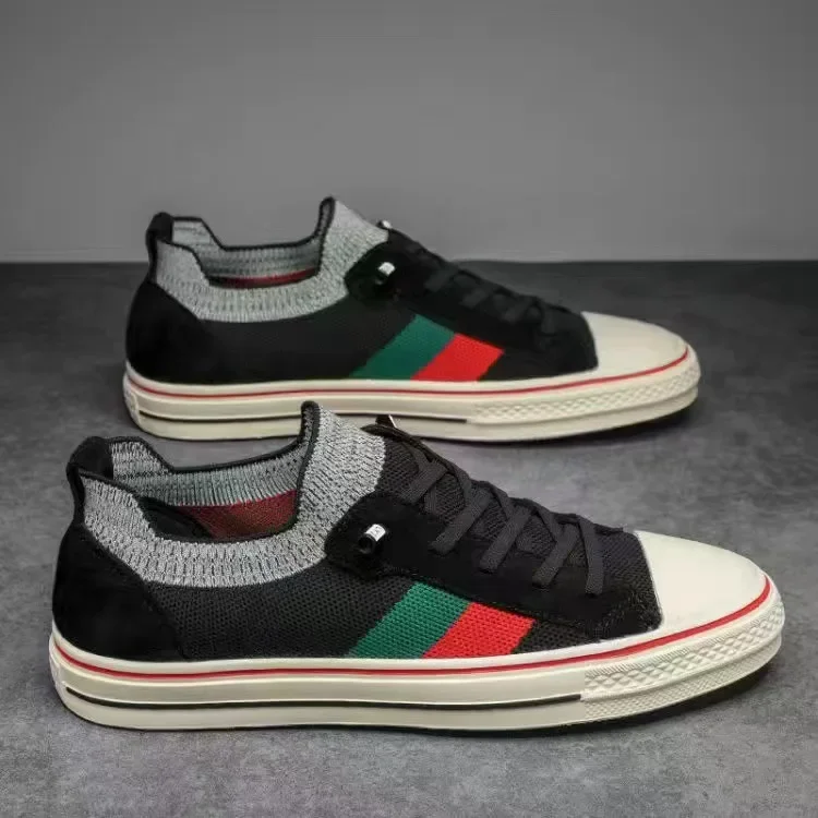 Shoes for Men Casual Shoes Spring Summer Striped Flat Skateboard Shoes Breathable Knit Slip-on Sneakers