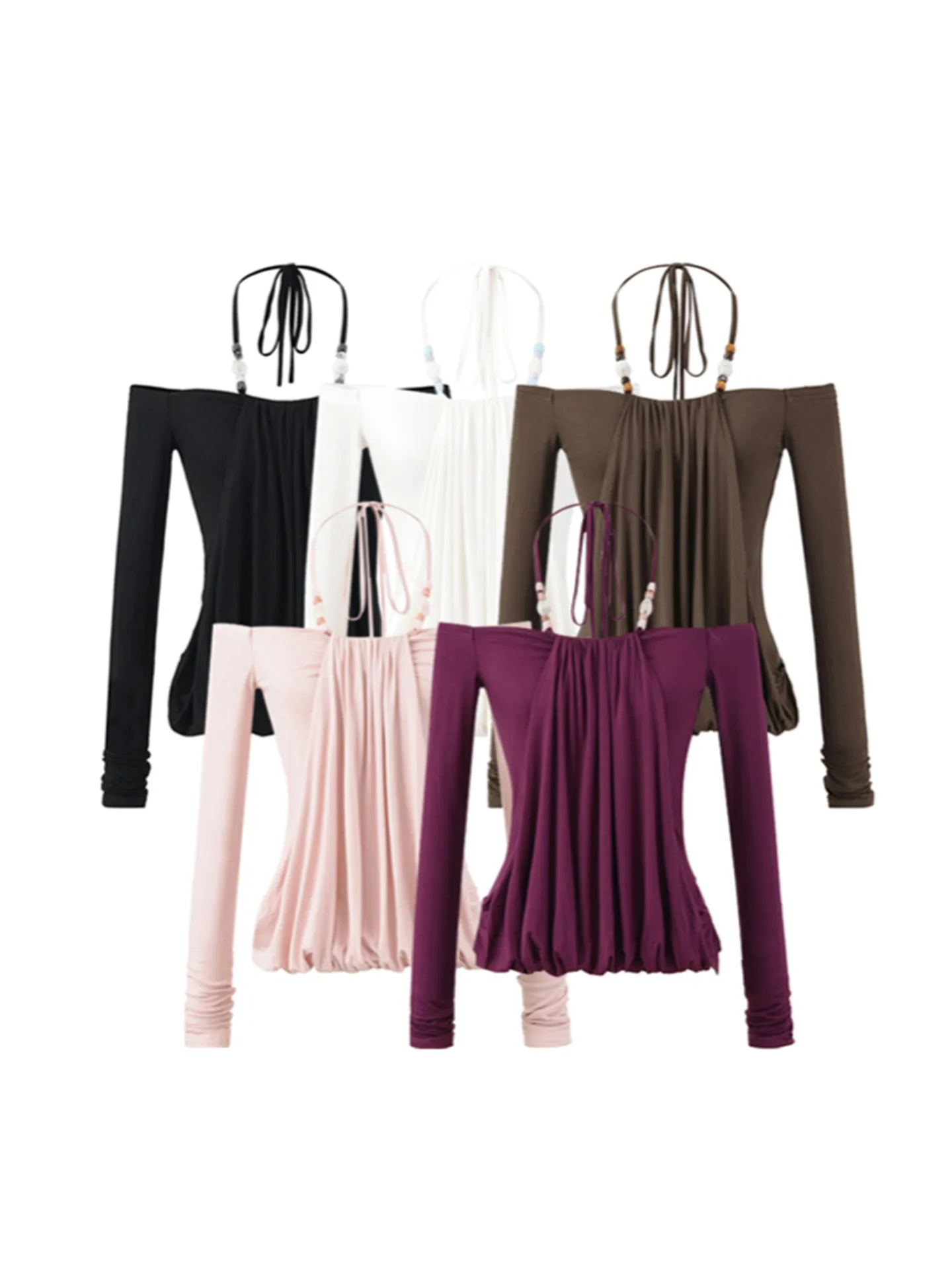 مثير فتاة أمريكية Sle ريترو مطرز مطوي كتف واحد طويل Sve تي شيرت اللف التعرض المنسوجة الأعلى للنساء