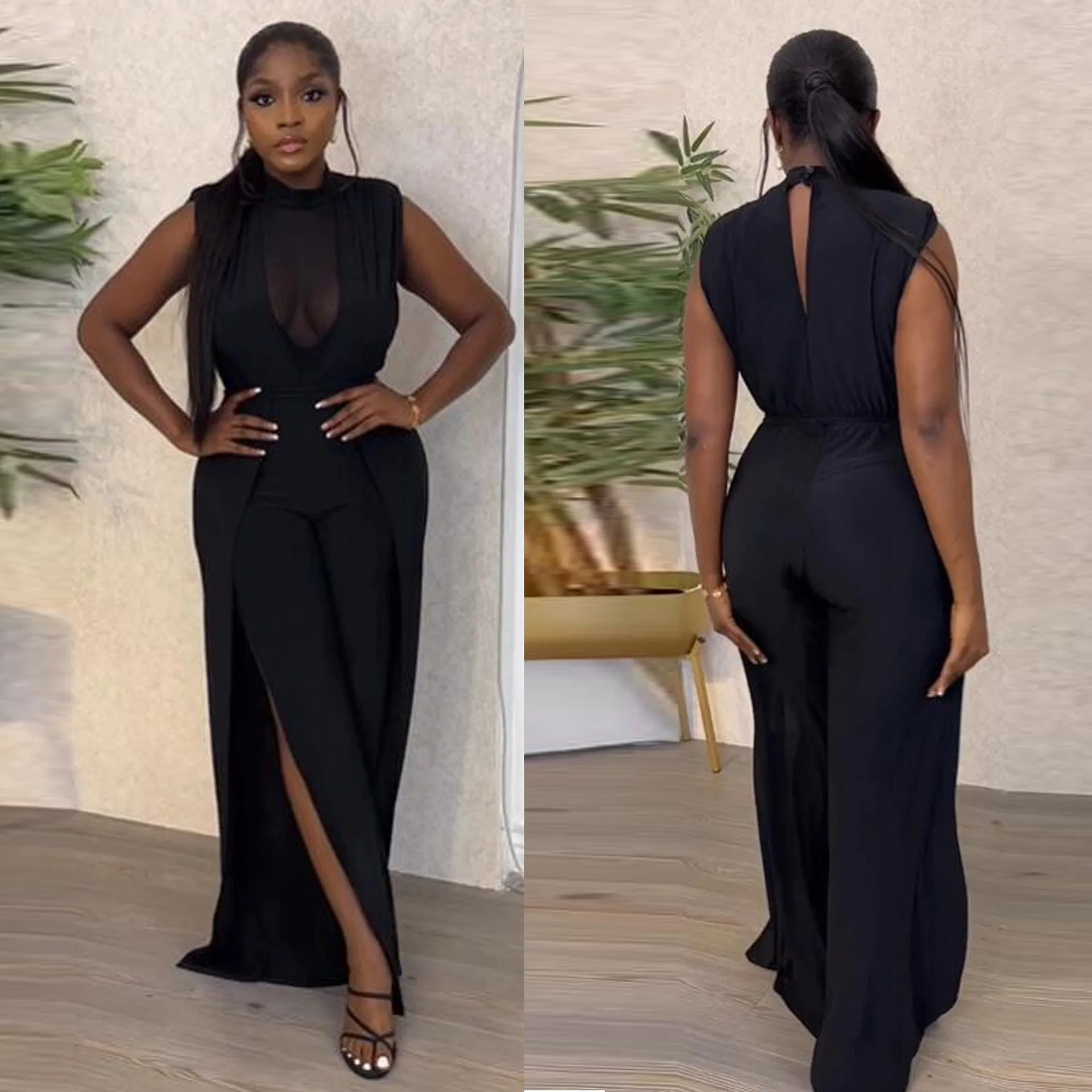 

Sexy Mesh Splicing See-Through Wide Leg Split Backless Jumpsuit