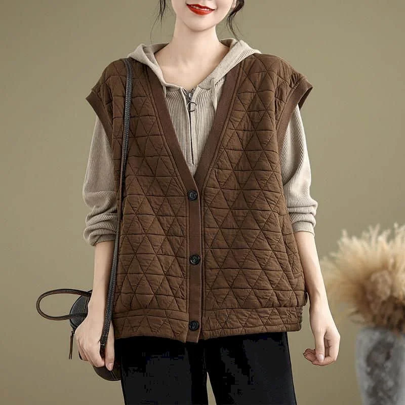 

Waistcoats Women Lightweight Cotton Added Vests V-neck Casual Sleeveless Cardigans Vintage Korean Style Jackets Loose Women Tops