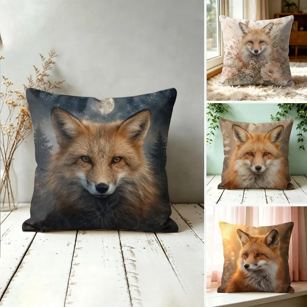 Fox Face Forest Animal Pillow Case Double-Sided Plush Sofa Cushion Covers Organic Breathable Invisible Zipper