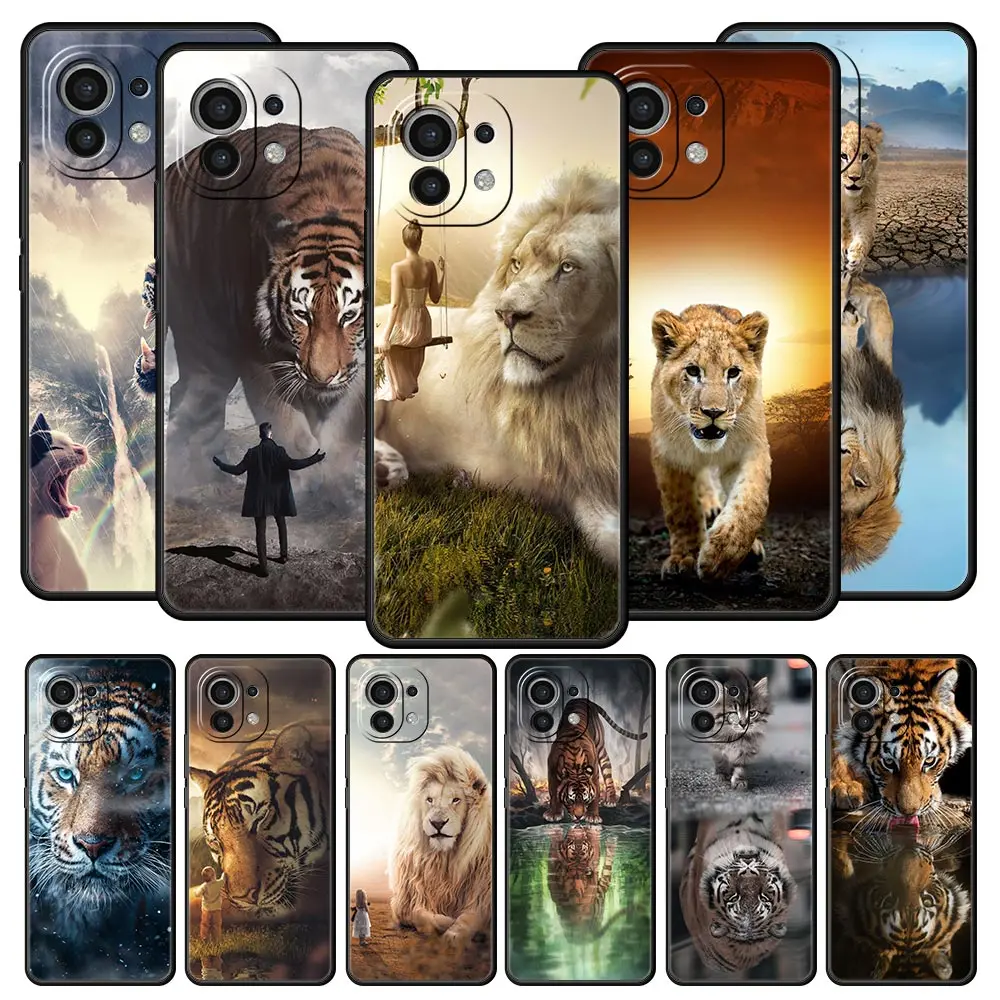 

Animal Tiger Lion Phone Case For Xiaomi 12 10T 10 Lite 11 Ultra 11T 9T Mi Poco M4 M3 X4 X3 Pro F4 F3 GT 5G Black Cover Silicone