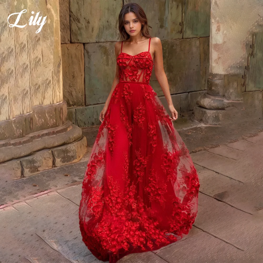 

Lily Red Elegant Prom Gown Sweetheart Hollow Spaghetti Straps Party Dress with Fishbone 3D-Flowers A-Line Formal Gown Customized