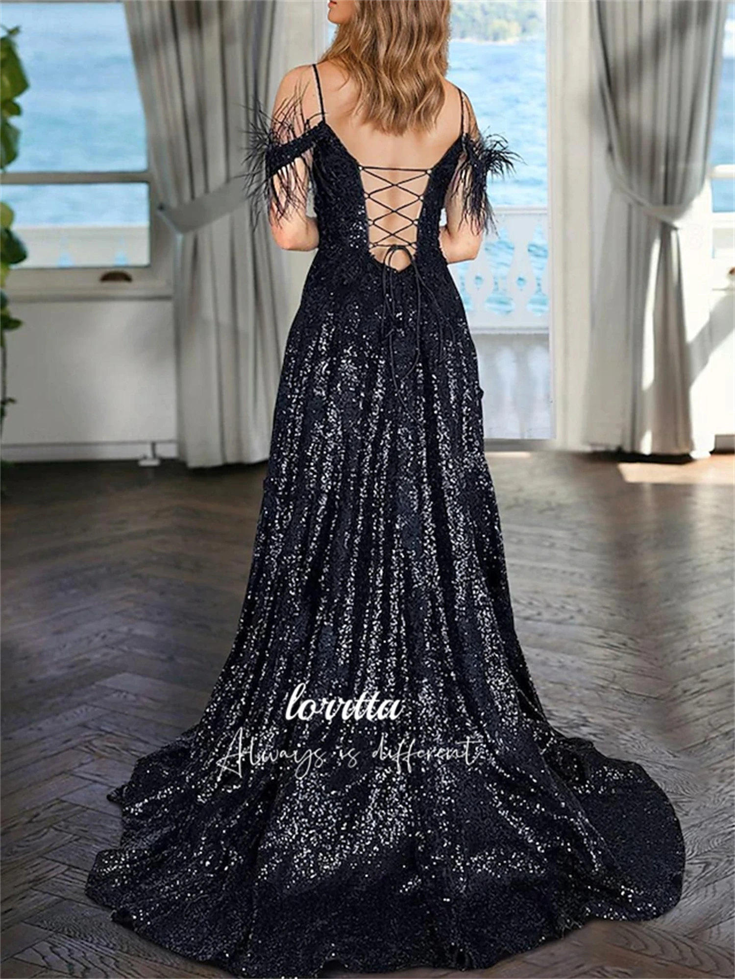 Lorrtta Feather Decoration Line A Ball Gown Evening Dress Sequined Fabric Elegant Party Dresses 2024 for Wedding Prom Cocktail