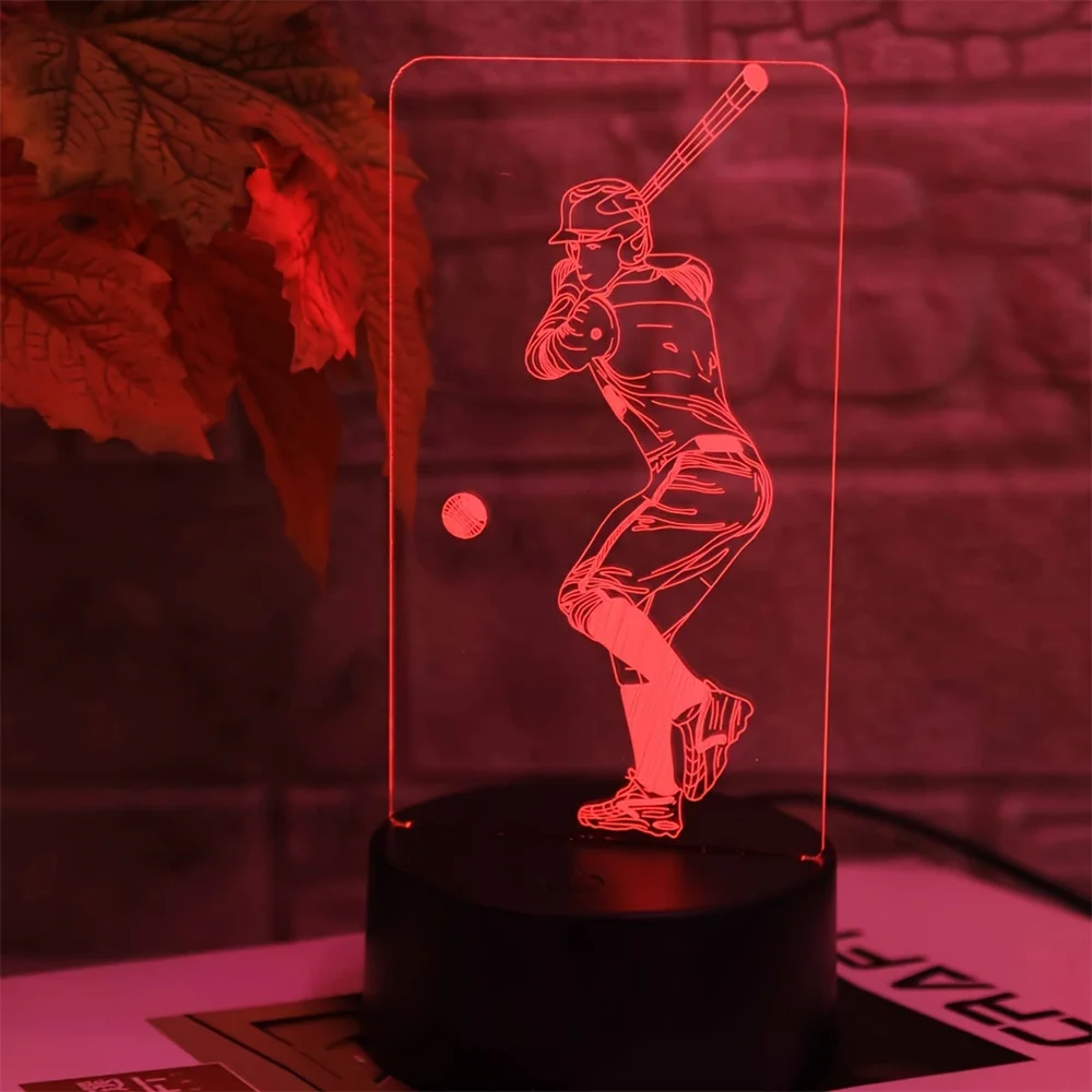 Baseball Player 3D Night Light LED Touch Illusion Light 7/16 Colors Changing USB Table Lamp for Home Office Desk Decoration Gift