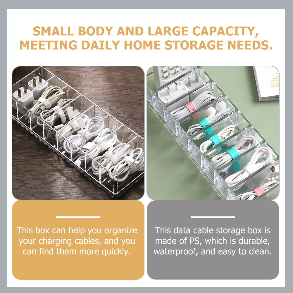 

2pcs Data Cable Storage Box Durable Material Cover Dustproof Separate Grids For Charging Cables Multi-Function Cord Box