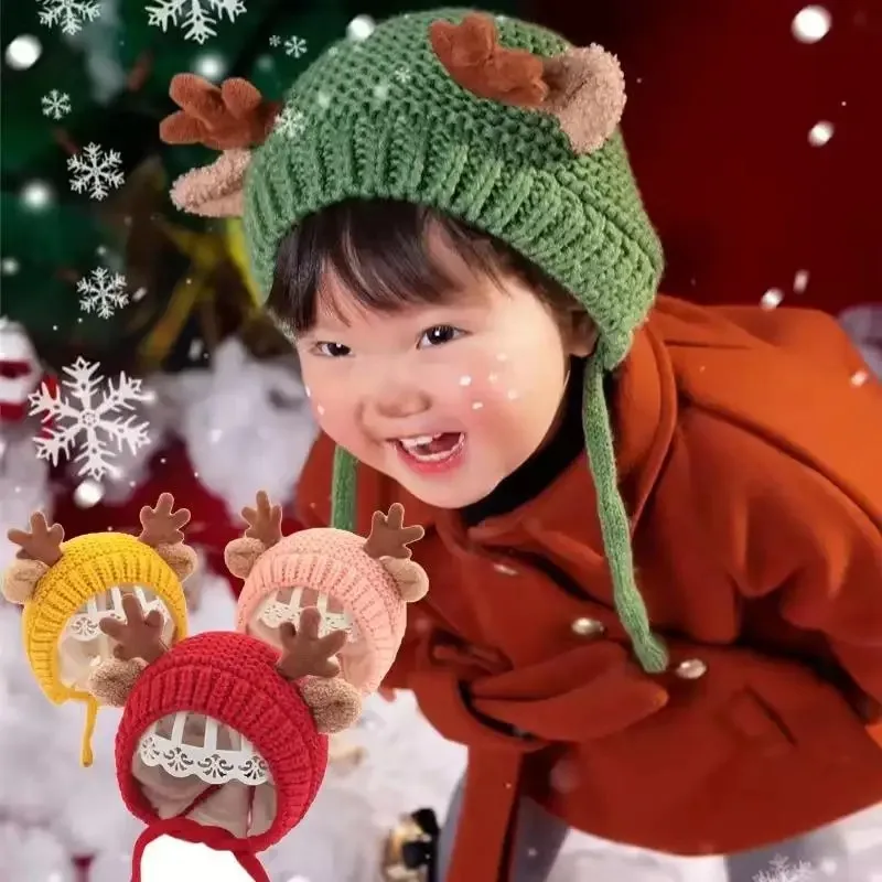 Cute Baby Christmas Hat Cartoon Elk Beanie Cap for Toddler Winter Ear Protection Warm Knitted Wool Hats