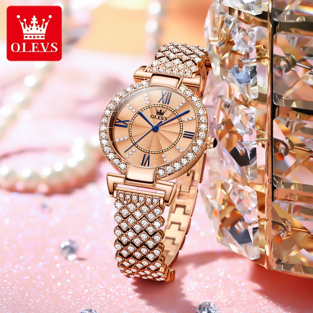 OLEVS Original Quartz Watch for Women Full Diamond Luxury Elegant Rose Gold Steel Strap Waterproof Ladies Dress Wristwatch 9942