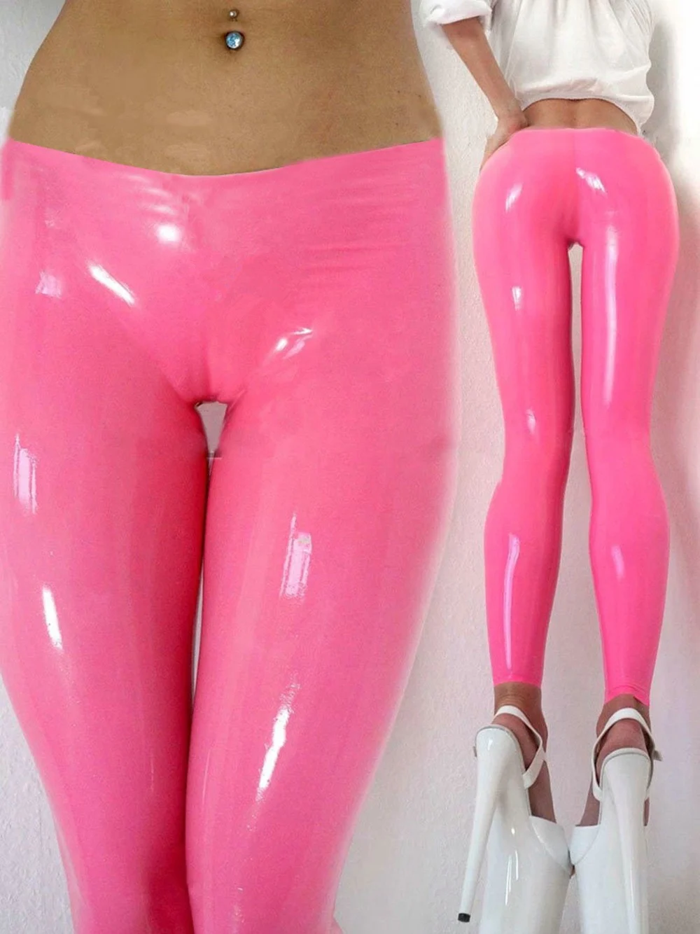 

Sexy Women Pink Latex Rubber Trousers High Stretch Latex Tights Legging Plus Size Customize