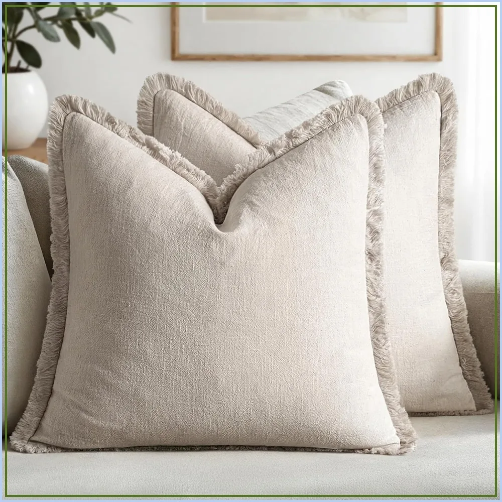 Linen Fringe Throw Pillow Covers Set of Two