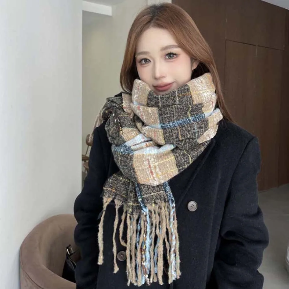

Gifts Soft Plaid Knitted Scarf Cold-proof Korean Style Long Tassel Neckscarf Polyester Classic Women Thickened Scarf Autumn