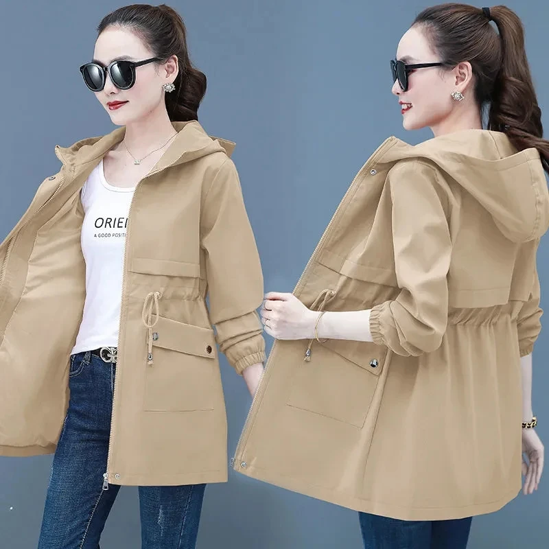 Lining Windbreak 2022 New Spring Autumn Female Jacket Slim Women Basic Coats Mid-Long Casual Tops Hooded Black Zipper vintage