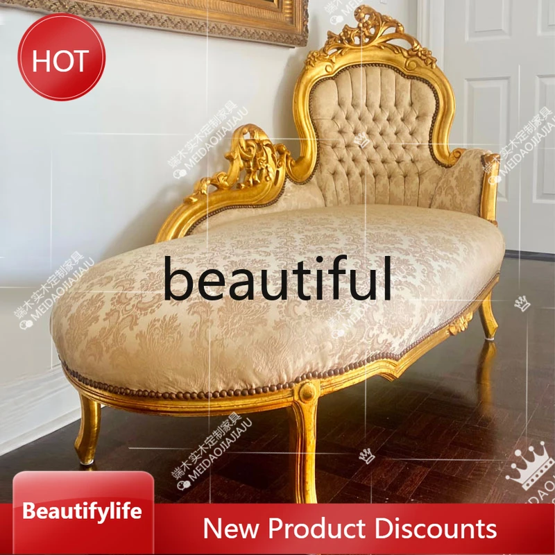 

A51 French luxury solid wood chaise longue fabric printing buckle living room palace carved beauty couch toffee leisure lounge c