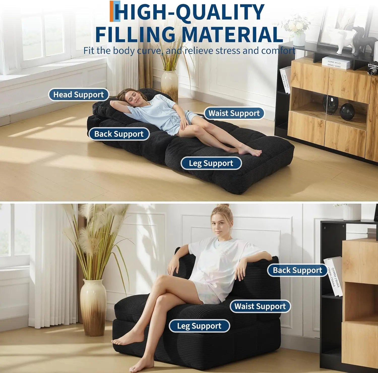 3-in-1 34" Folding Sofa Bed with Pillow Boneless Matress with Back Support Comfy Portable Convertible Sleeper Chair Floor Sofa image 5