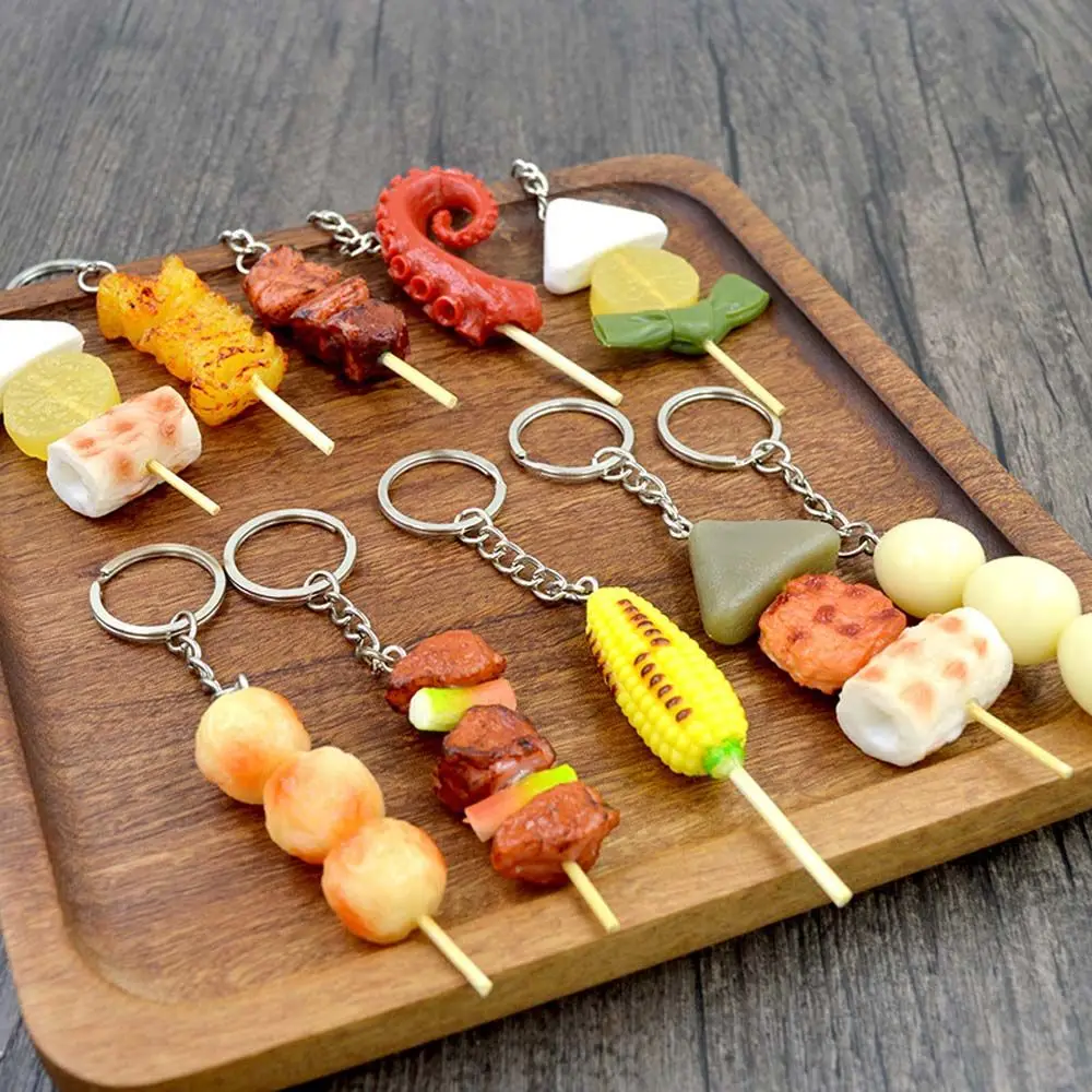 1Pc Mini Simulation BBQ Food Keychain Resin Oden Corn Squid Key Chain Restaurant Client Gift Chef Cook Keyring Jewelry