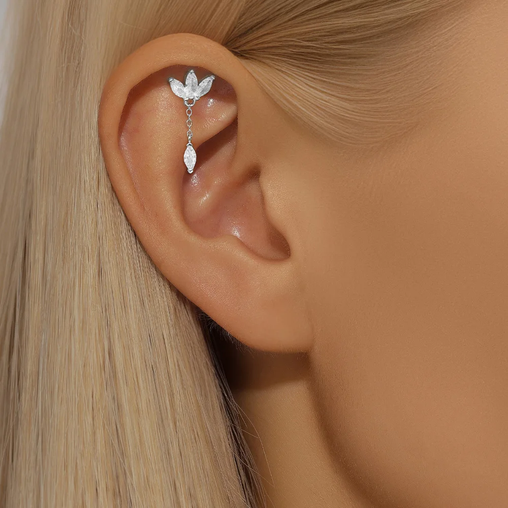 LENNIK White Gold Single S925 Silver Earring Women clover water droplet flat bottom tassel zircon piercing sweet earring  עגילים