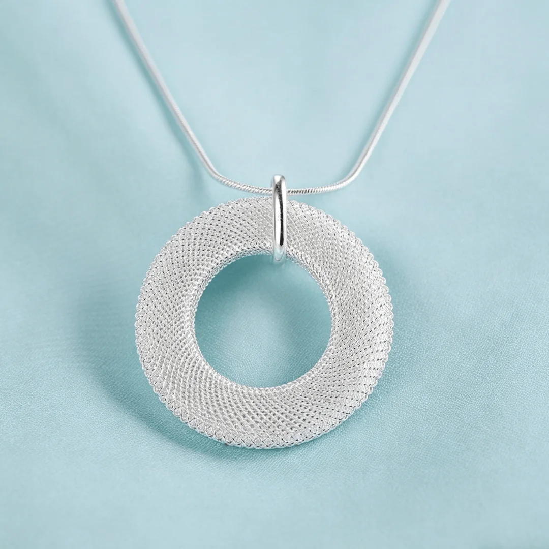 

Popular Brands 925 Sterling Silver classic net circle Pendant Necklace For Women Snake chain wedding Fashion Jewelry Couple gift