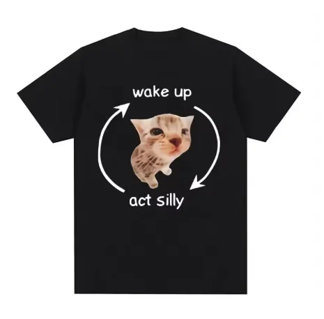 Wake Up Act Silly Meme Graphic T Shirt Funny Cute Cat Print Short Sleeve T-shirt Men Women Casual Oversized T Shirts