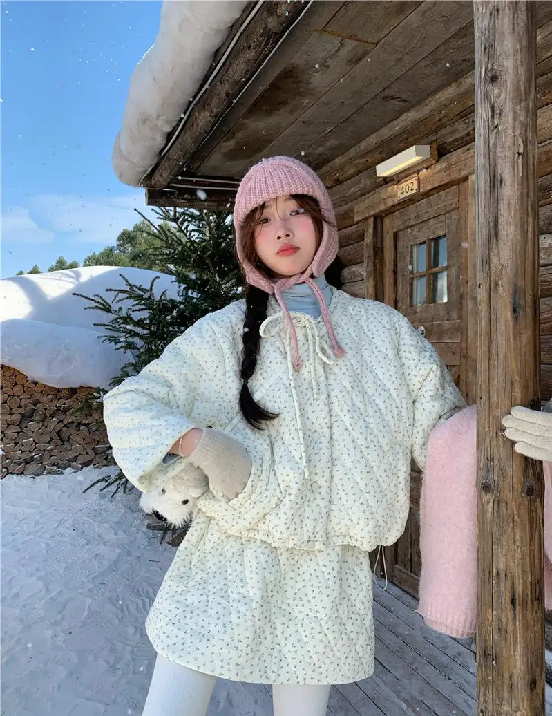 

Женская осенне-зимняя милая стеганая юбка из двух предметов, комплект Lady Cue с длинным рукавом, однобортная свободная хлопковая стеганая куртка + юбка