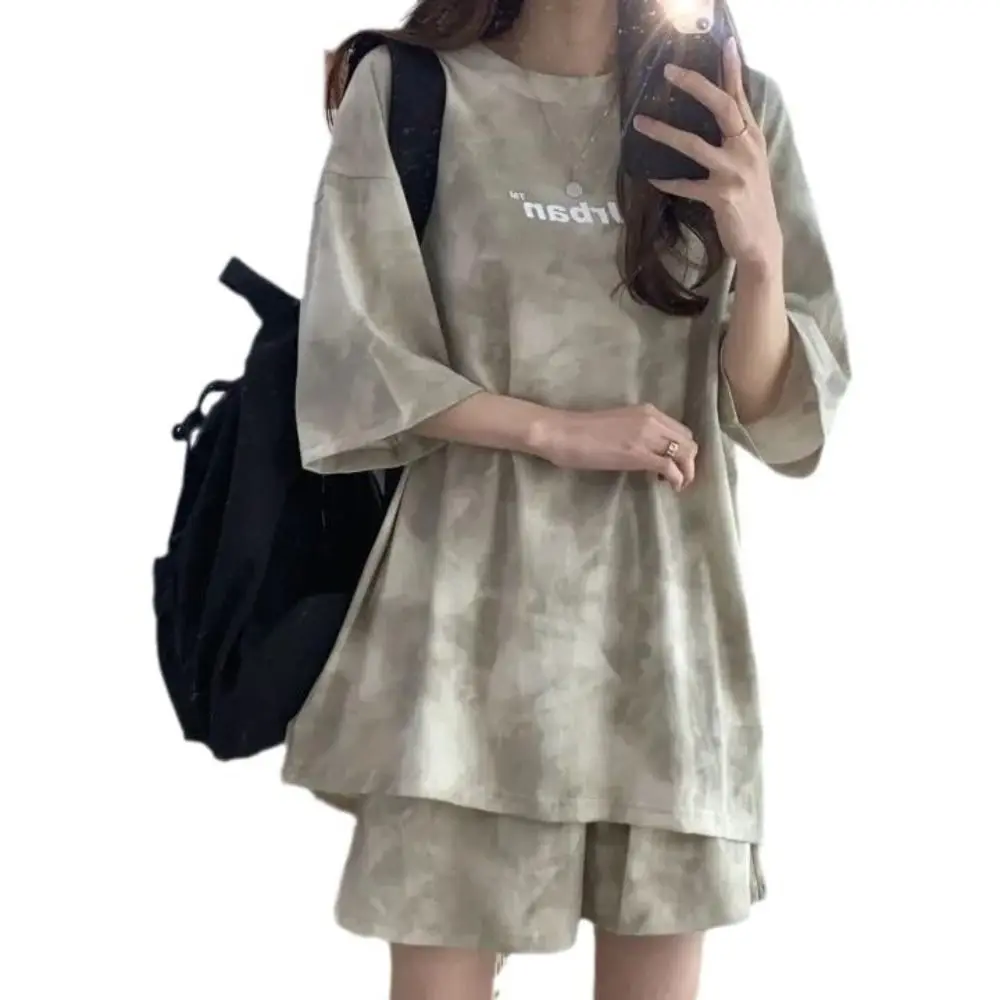 

Simple Letter Two-piece Tracksuit Tie-dye Large Size Short Sleeve T-shirt Shorts Thin Sports Casual Clothings Women Female