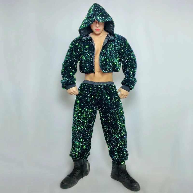 بار ملهى ليلي DS جوجو زي الذكور القطب ملابس الرقص ملابس الجاز الرجال الأخضر الترتر معطف السراويل عرض مسرحي الهذيان الزي XS5640