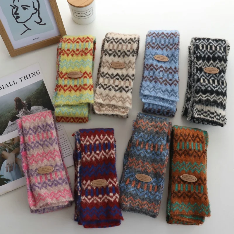 Korean Style Retro Easy Matching Knitted Striped Scarf for Women Autumn Winter Warm Fashionable HighGrade Temperament Long Scarf