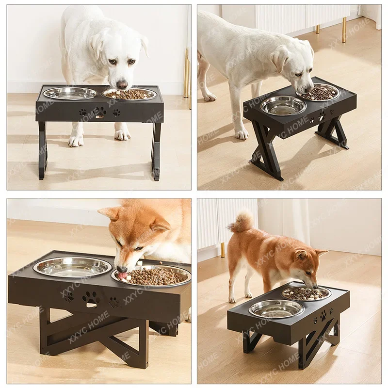 Raised Pet Bowl Stainless Steel Double Bowls Stand Non-Slip No Spill Dog Smart Height Adjusts Cervical Protectionto Large Dogs