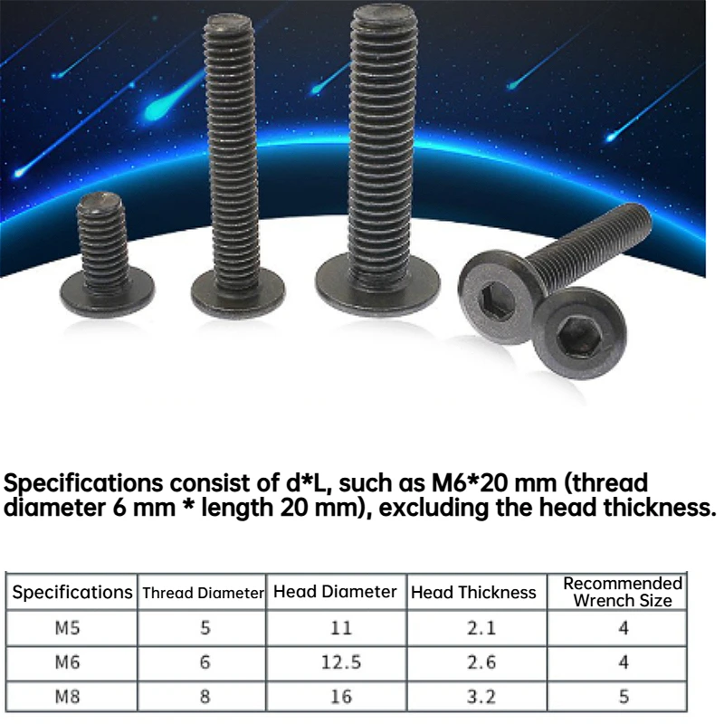 M6 Black Carbon Steel Allen Head Hypotenuse Screws Hex Socket Flat Head Bolts For Furniture Woodworking DIY Windows Doors