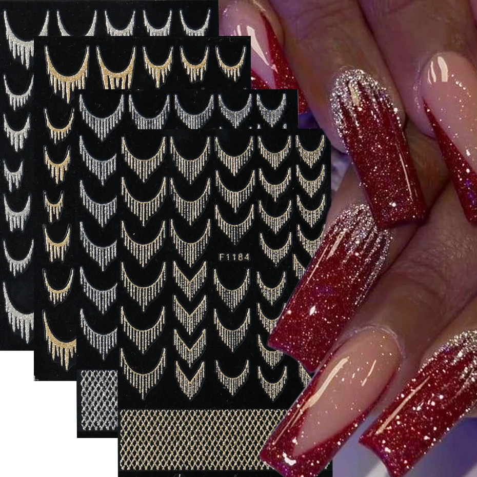 4 Farben Aurora French Glitter Nagelaufkleber – Golden Slivery Quastenmuster-Design, selbstklebende schimmernde 3D-Abziehbilder DIY-Nagel