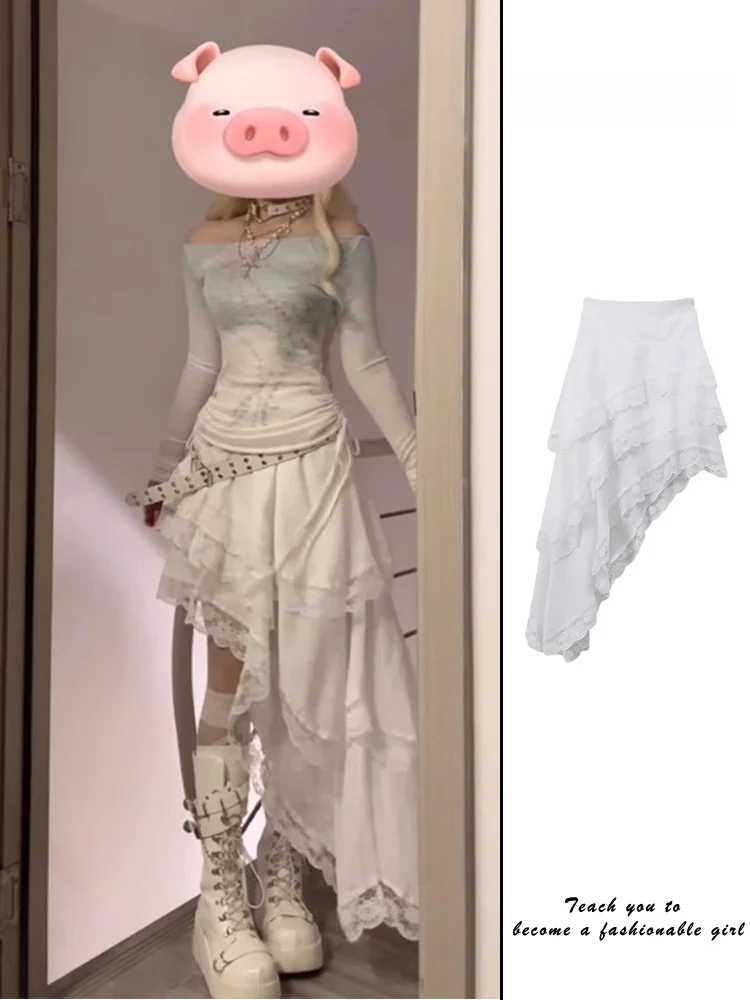 

Юбка миди с высокой талией, асимметричным подолом и кружевной отделкой, женская, весна-осень, дизайн «сладкий торт», белая, средней длины