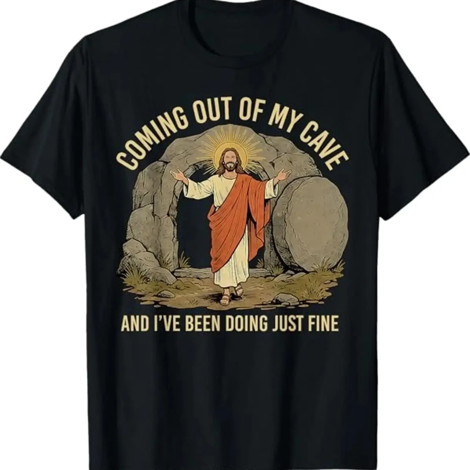 Camiseta Coming Out Of My Cave And I've Been Doing Just Fine Jesus vintage Washed Versatile fashion Breathable designer clothes