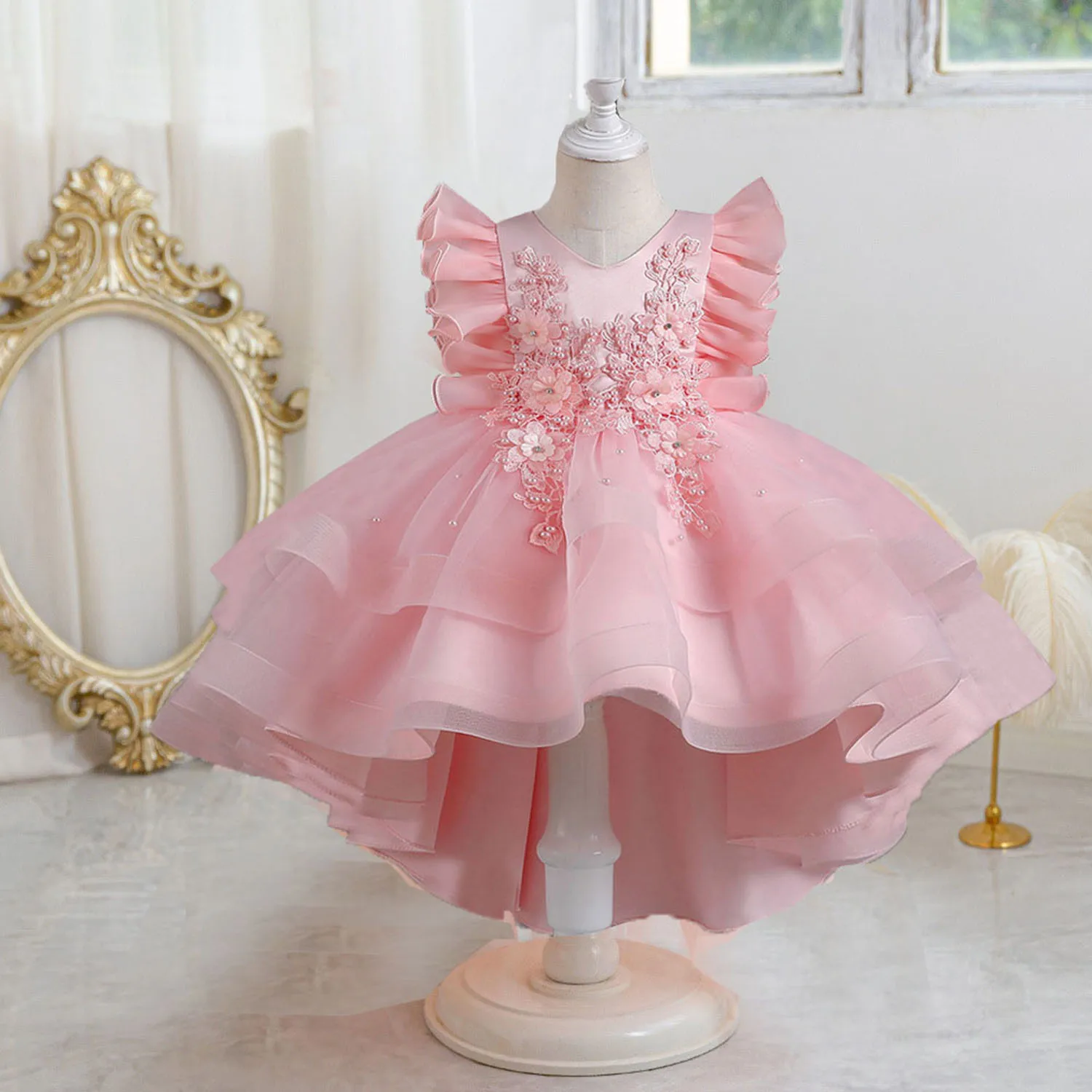 

XMLSY Little Girls 3D Lace Embroidered Flower Girl Dress Birthday Party Pageant Gown AL002