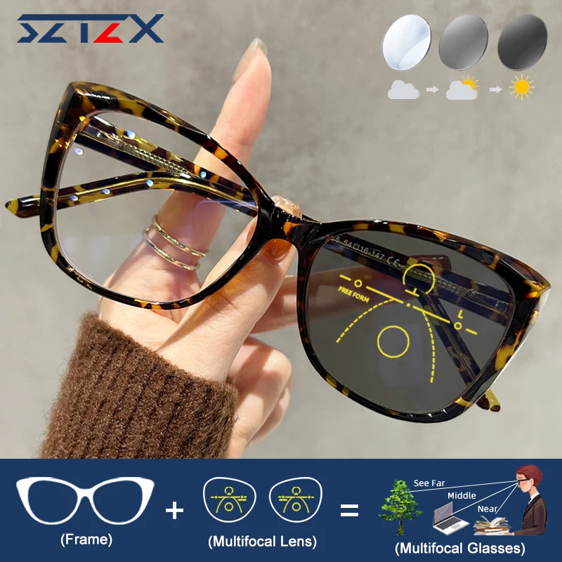 SZTZX Premium Cat Eye Progressive Reading Glasses Women Retro Large Frame Multifocal Prescription Customized Computer Eyeglasses