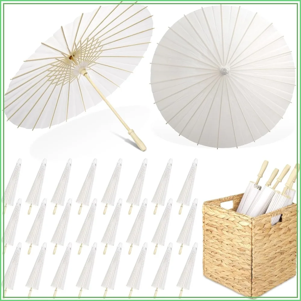 24 Pcs White Paper Umbrellas 33 Inches Decorative Oiled Umbrellas with Foldable Storage Box for Wedding Bridal Props Party Decor DIY Painting Craft