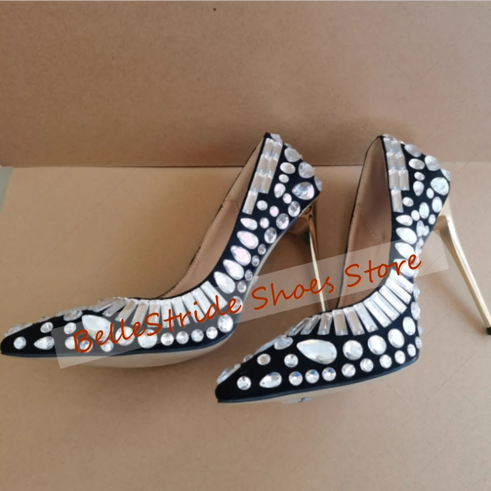 حذاء نسائي أسود بمقدمة مدببة كريستالي ضحلة حذاء نسائي أنيق بكعب عالي للحفلات والولائم والمواعدة 2025 Zapatos Para Mujere