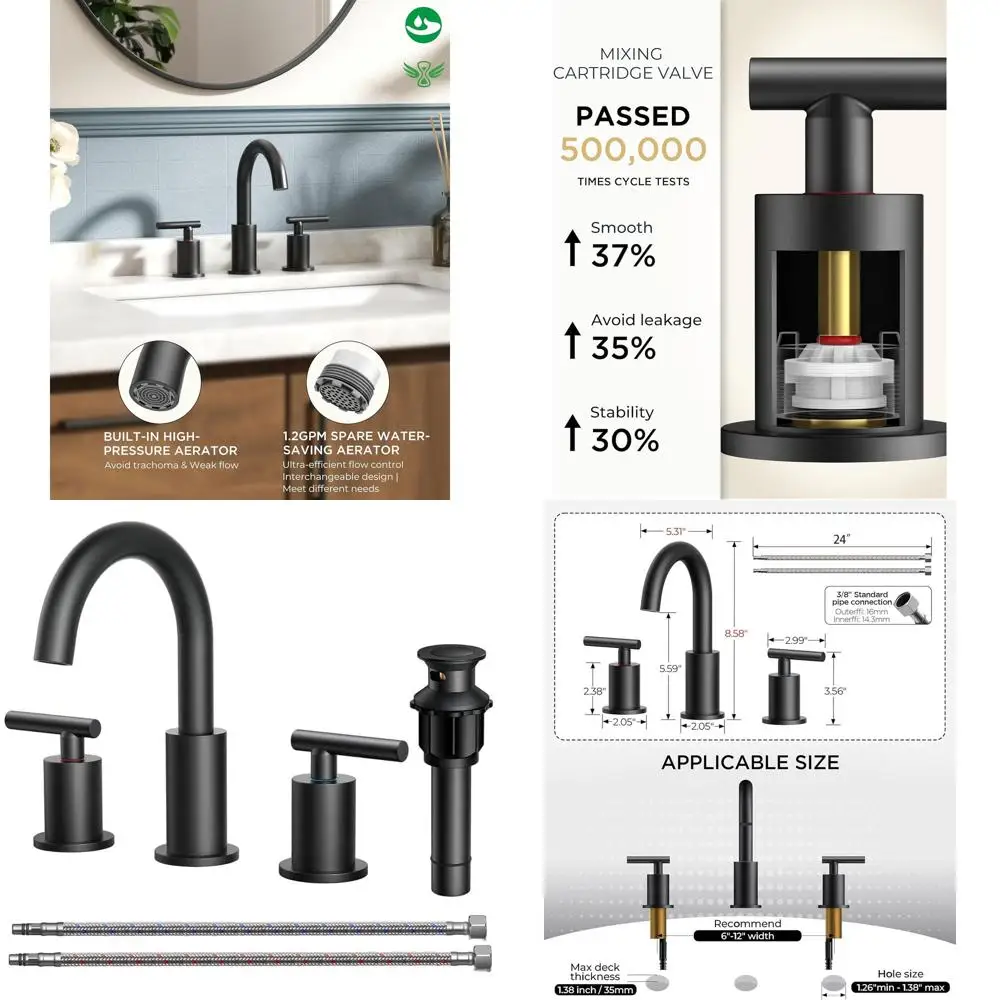 

8 Matte Black 3-Hole Widespread Sink Faucet with 360° Swivel Spout for 6-12 Vanities, Includes Pop-up Drain and cUPC Supply Line
