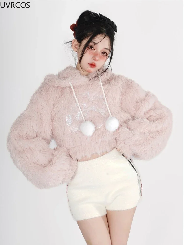 Japanese Kawaii Hoodies Womencute Pink Cat Embroideery Plush Cropped Ears Hoodie Korean Style Sweatshirt Y2k Short Pullover Tops