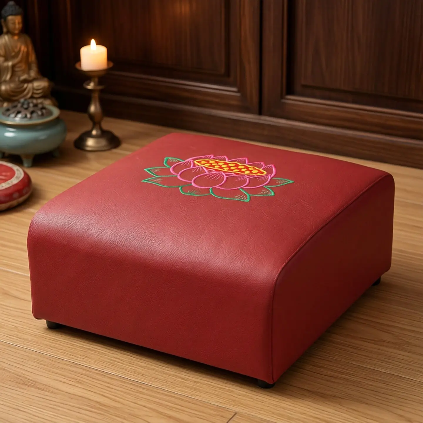 CZ square leather solid wood worship mat household Buddha mat embroidery pattern worship chair hall
