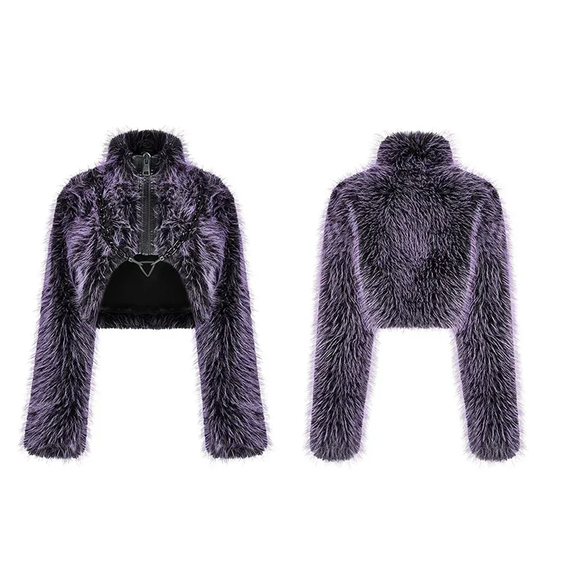 PUNK RAVE Punk Daily Faux Wool Coat Loose Fox Fur Short Jackets Plastic Bright Chain Asymmetrical Coats Party Club Halloween