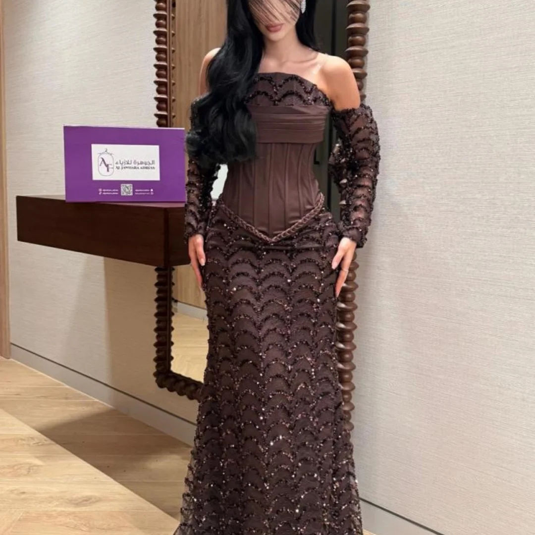 Bella Customized Dark Brown Strapless Prom Dress Detachable Lace Long Sleeve Sequin Mermaid Corset robes de soirée Elegant 2025