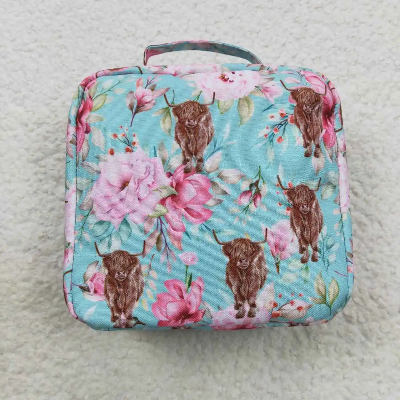 2023 New Products RTS Highland Cow Flowers Print Children Zip Portable Lunchbox Kids School L​unch Bag