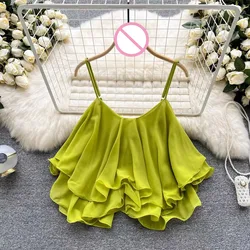 Women's Camis summer Blouse versatile loose ruffle edge off shoulder double-layer sleeveless chiffon camisole vest Tops Tanks