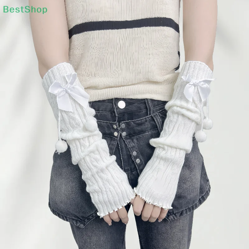 💕Arm Warmers Bowknot Soft Knitted Gloves Female Half Finger Mittens Solid Color Thicken Arm Sleeves