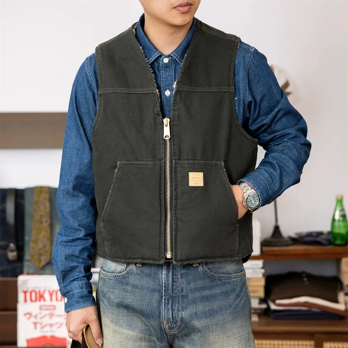 

Red Tornado Washed Duck Sherpa Lined Work Vest Vintage Fashion Relaxed Fit Zip Waistcoat
