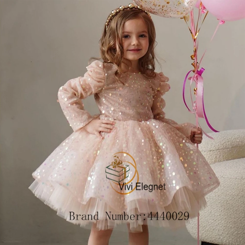 Charming Pink Scoop Flower Girl Dresses with Sequined Full Sleeve Tutu Knee Length Wedding Party Gowns Gliter فساتين للحفلات الر