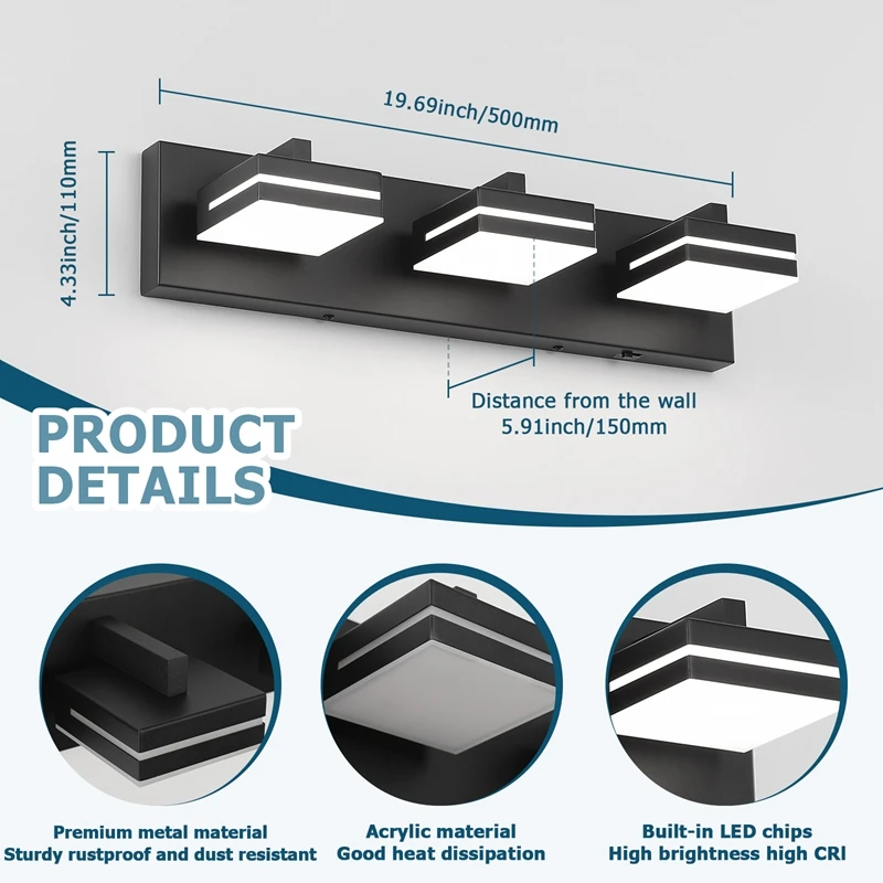 Luz de vaidade LED, temperatura de 5 cores ajustável, feita de metal e acrílico, com fio rígido, adequada para iluminação de banheiro